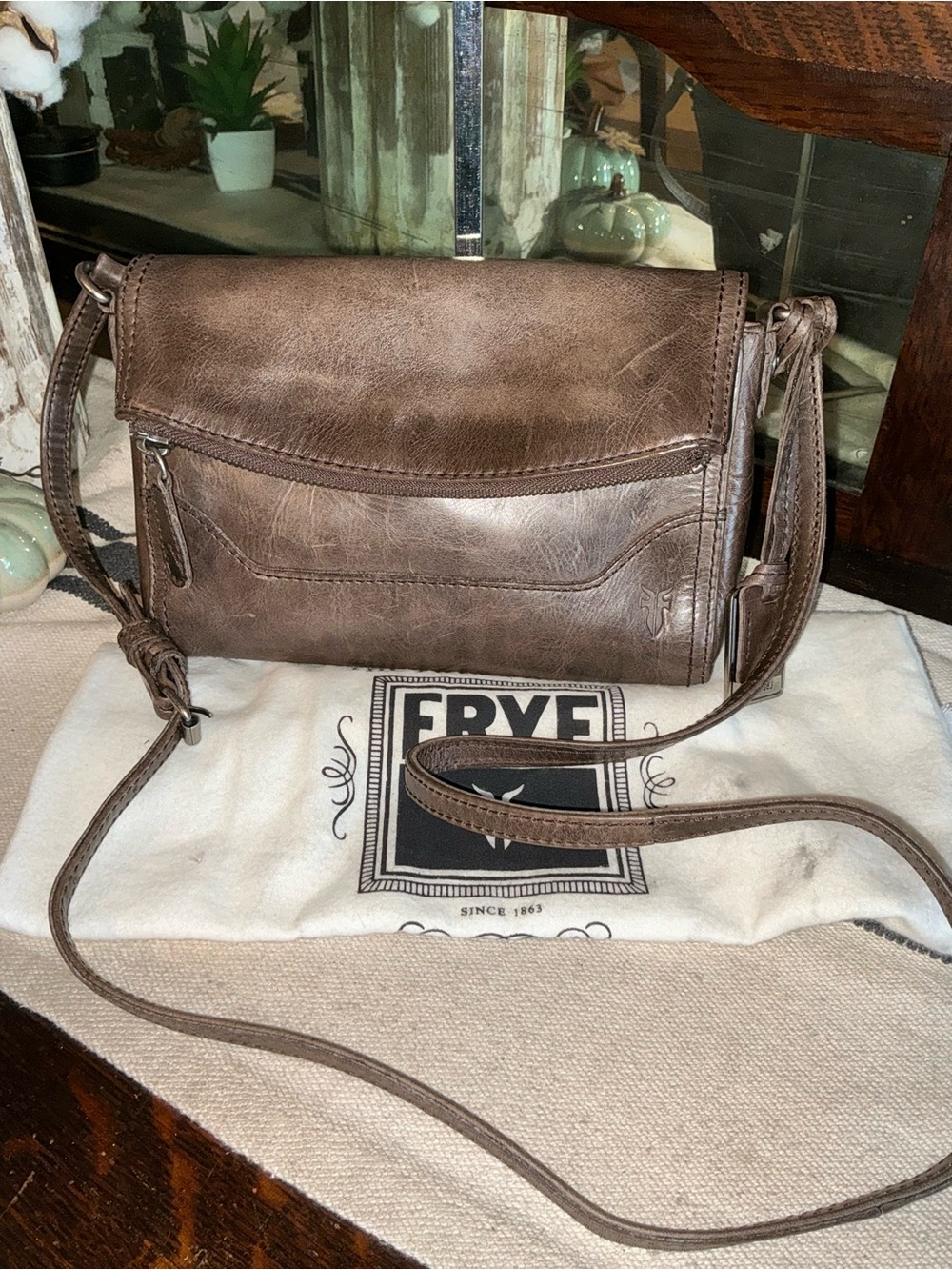 Frye Frye Melissa Leather Foldover Flap Crossbody Slate Dark Brown Retail $248